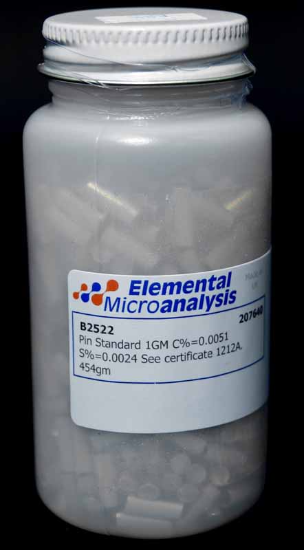 Steel Pin Standard 1 g Approximate values 0.00729%C 0.00208%S 7.29ppmC 20.8ppmS See certificate 240725 for actual values. 454 g